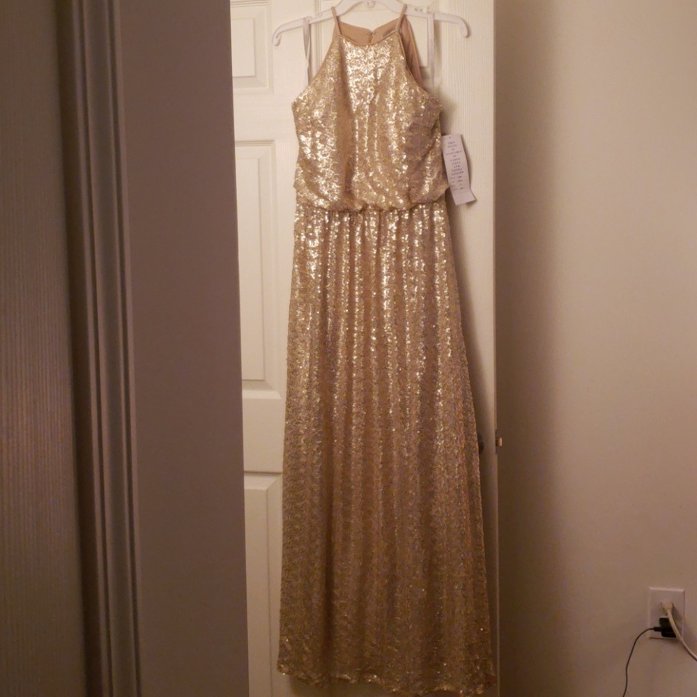 Bill Levkoff Gold Sequin Long Bridesmaid Dress